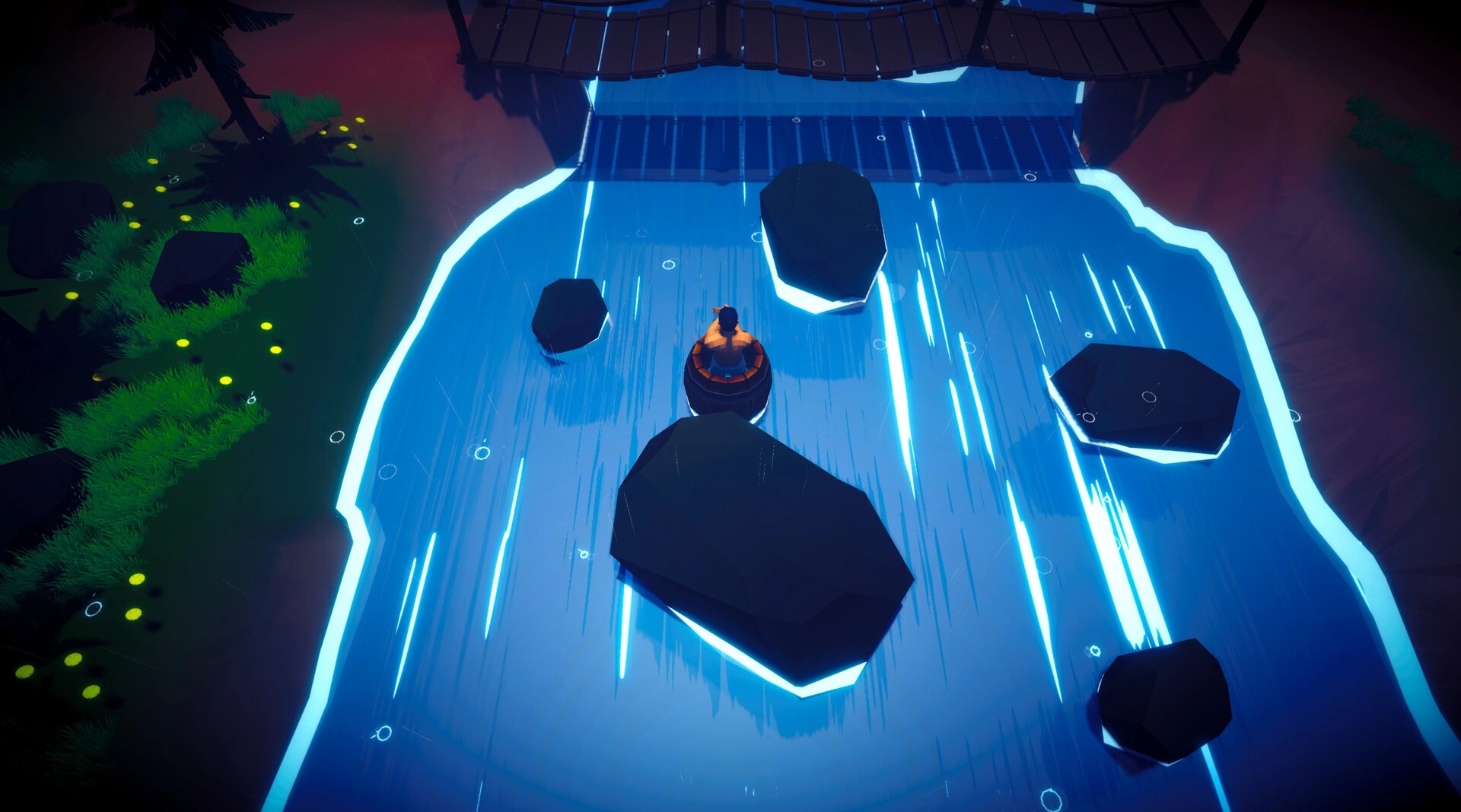 Row Away: Player navigating a barrel through glowing river, avoiding rocks under a wooden bridge