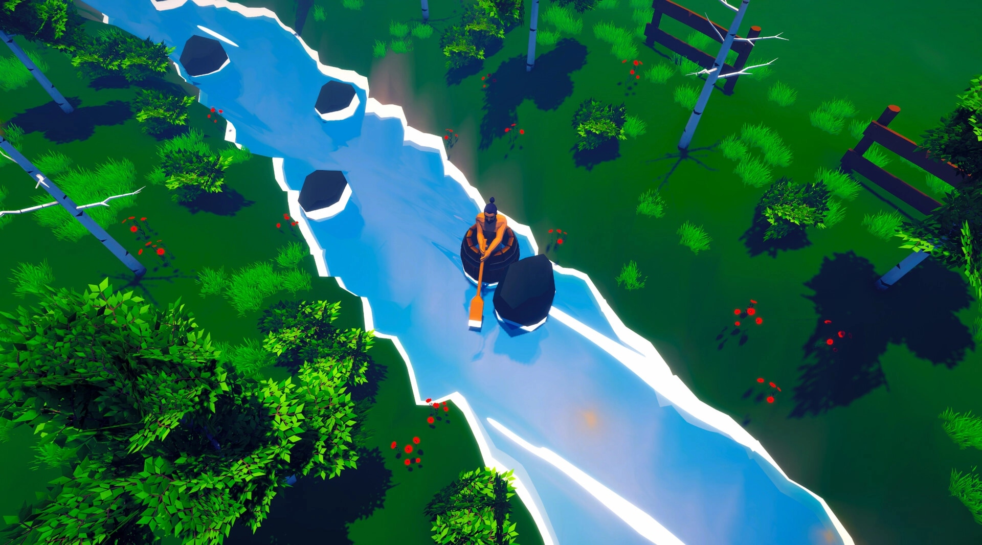 Row Away: Player in barrel canoeing down narrow river surrounded by lush greenery and scattered rocks