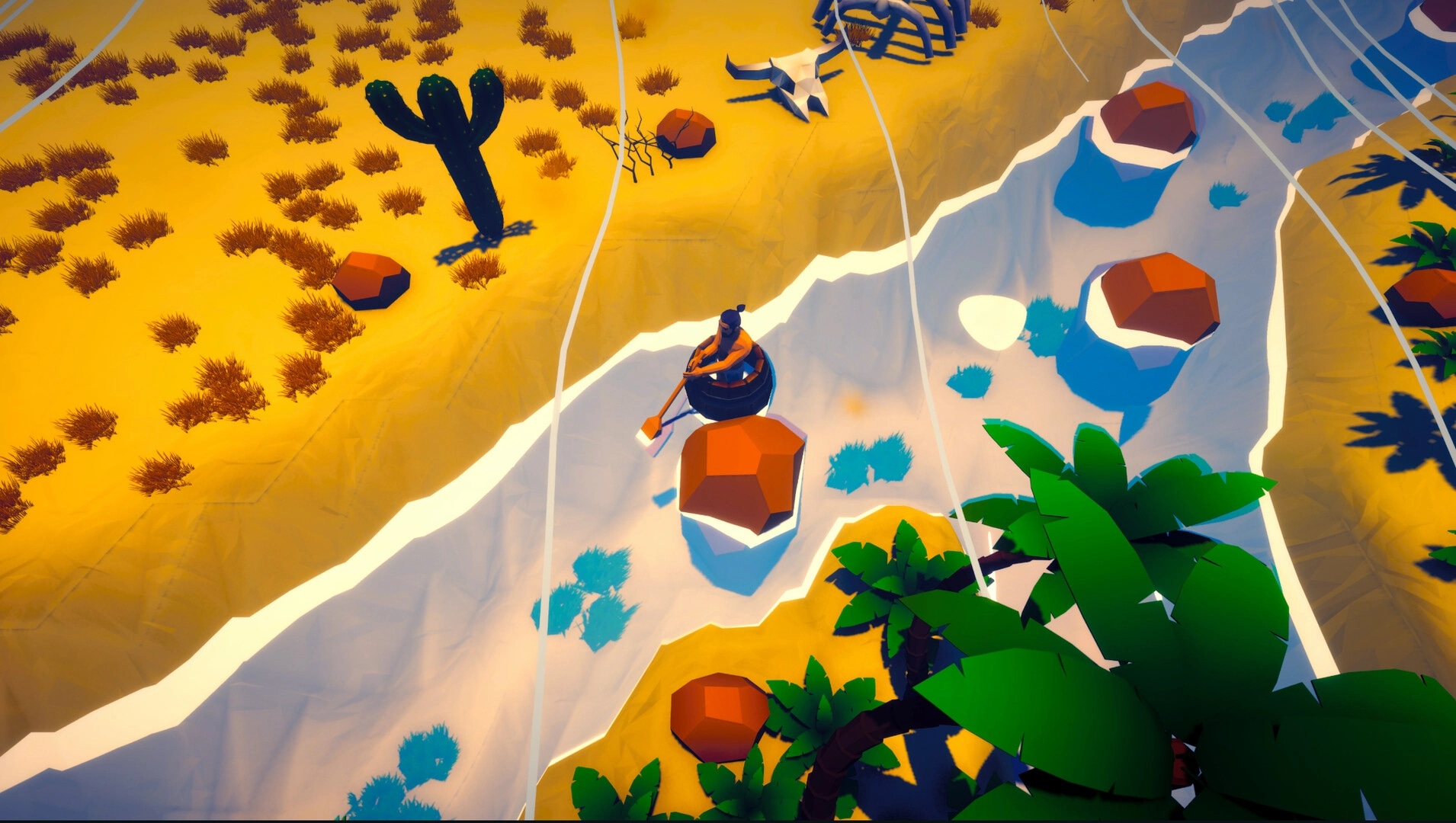 Row Away: Character rowing through narrow desert river with cacti and rocks lining the sandy banks