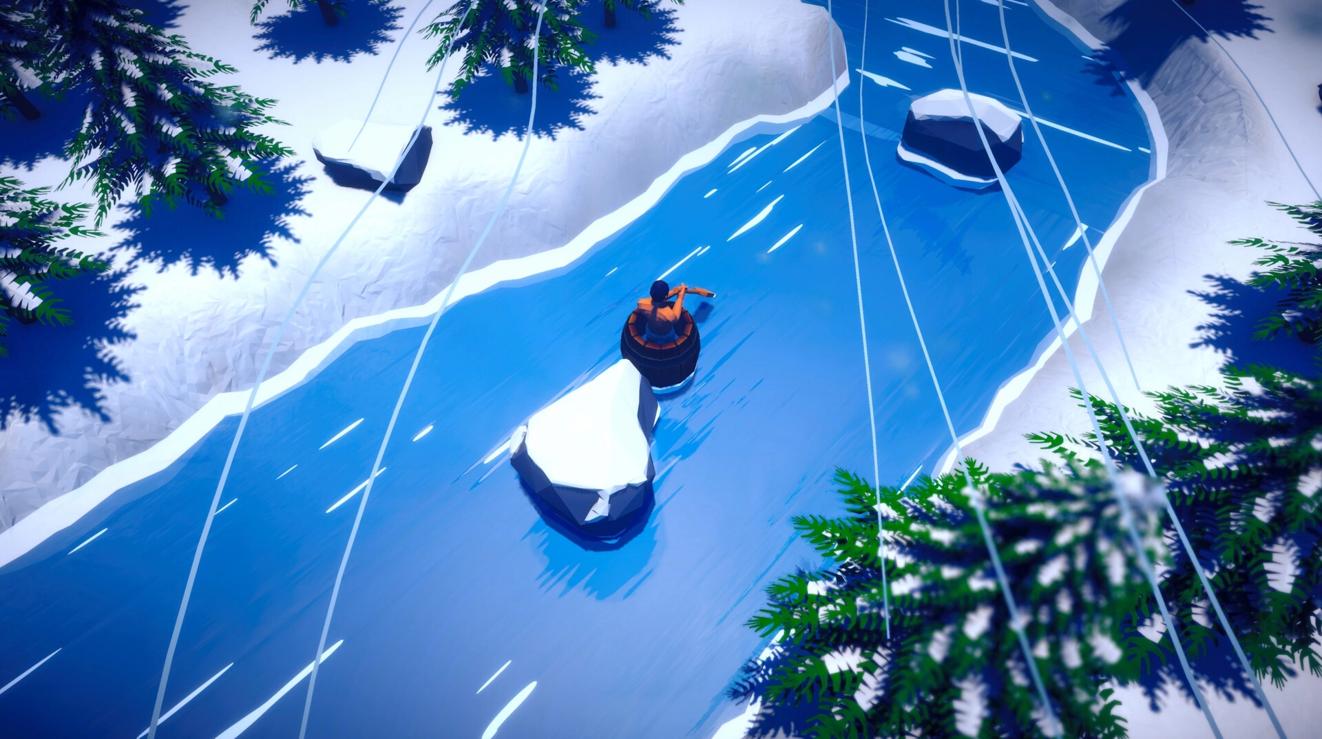 Row Away: Player rowing a barrel down a snowy river, navigating past rocks and surrounded by trees