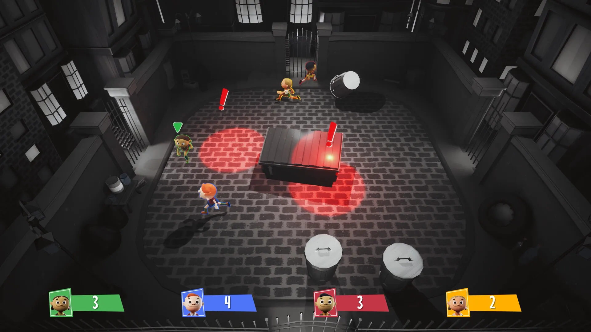 Rowdy Rascals: Four players dodge red spotlights in a dark alley with trash cans and a metal container.