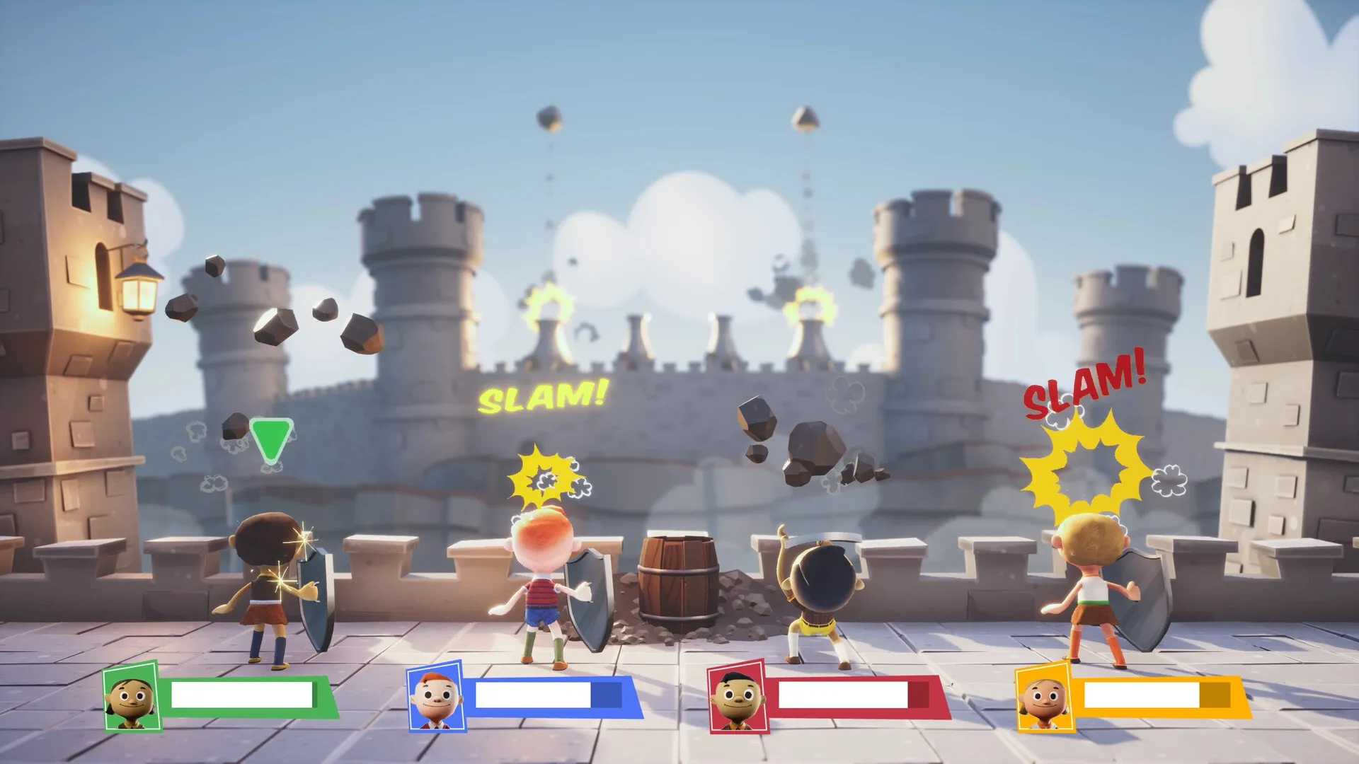 Rowdy Rascals: Four players with shields deflect rocks at castle towers in exciting multiplayer battle