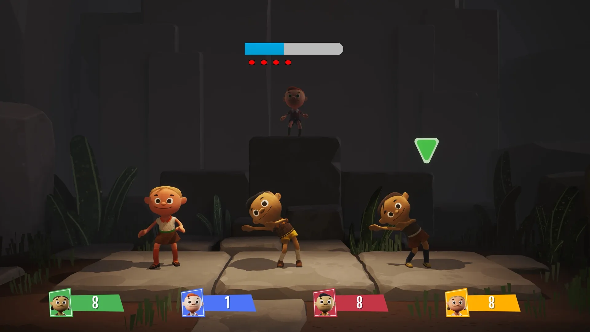 Rowdy Rascals: Four characters dance on stone platforms with score indicators in a cave setting.