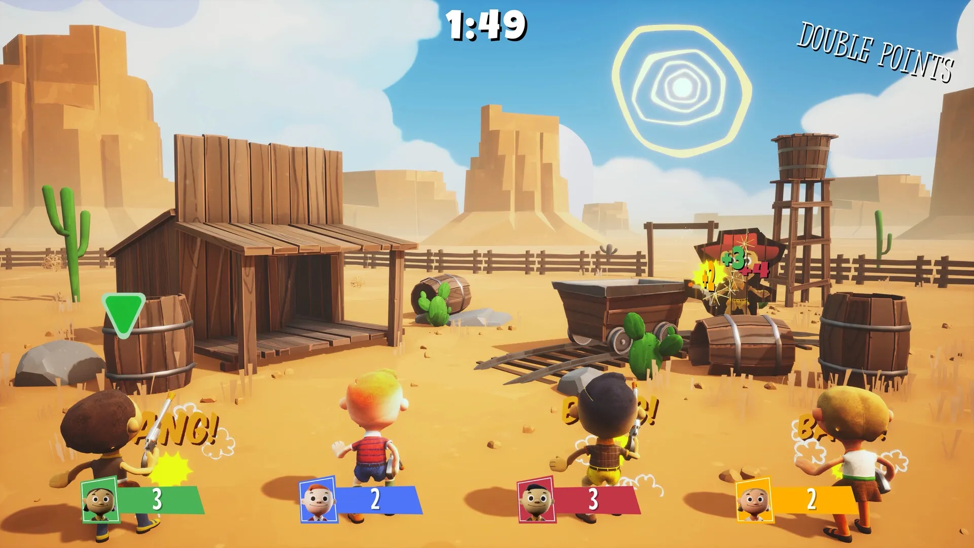 Rowdy Rascals: Four characters in a desert showdown, shooting at targets for double points bonus