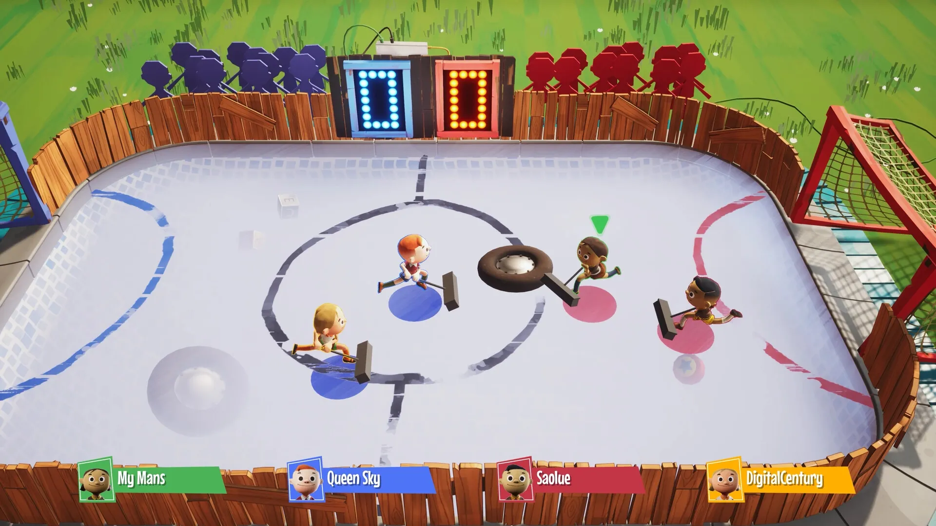 Rowdy Rascals: Players compete in a lively ice hockey match, aiming for goals in the outdoor arena.