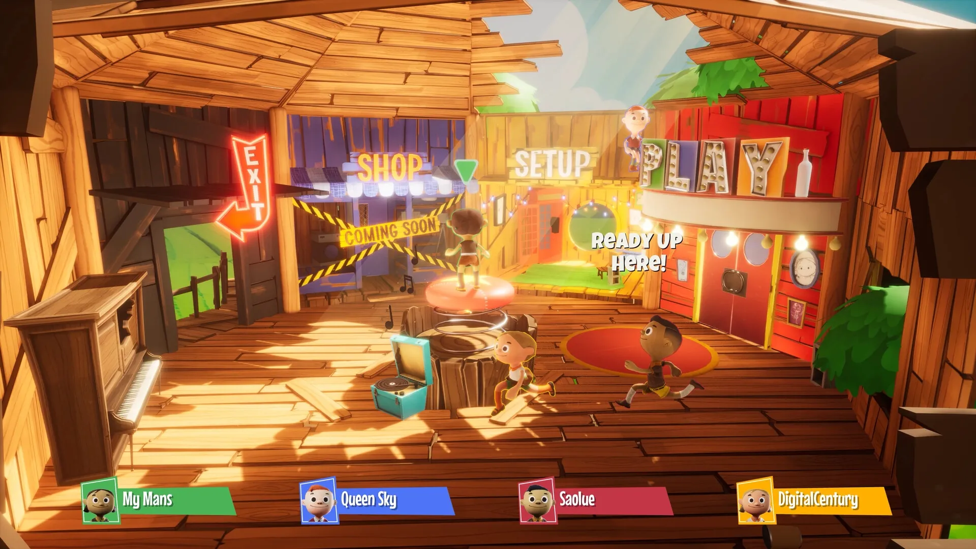 Rowdy Rascals: Characters gather in a wooden lobby with "PLAY," "SHOP," and "SETUP" signs glowing.