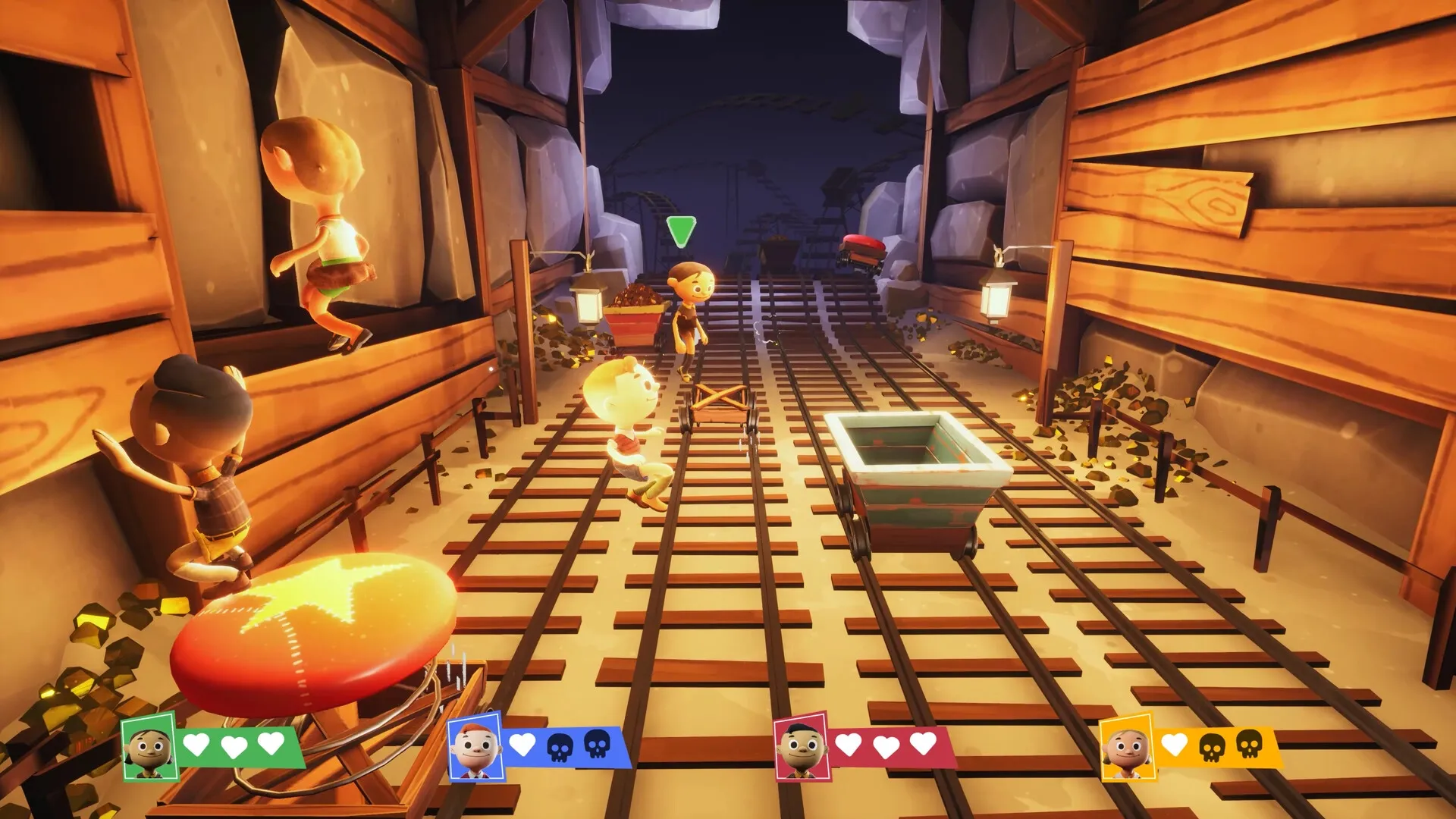 Rowdy Rascals: Three characters jumping on mine tracks with a cart in a dimly lit cave environment