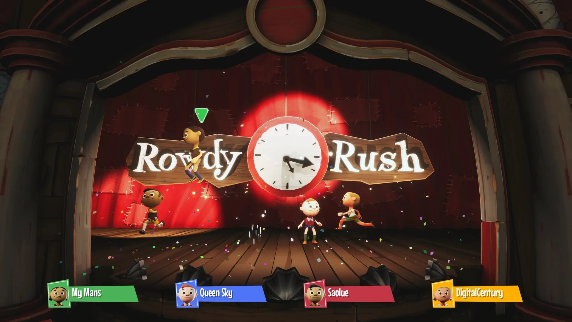 Rowdy Rascals: Characters running across a stage with spotlight and clock backdrop in a theater setting