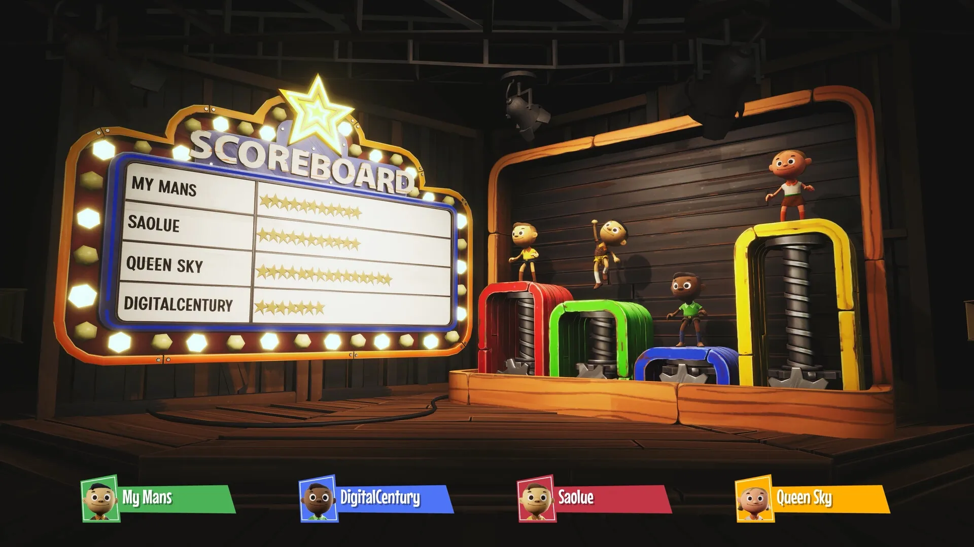 Rowdy Rascals: Scoreboard with player rankings and characters on colorful podiums in game arena