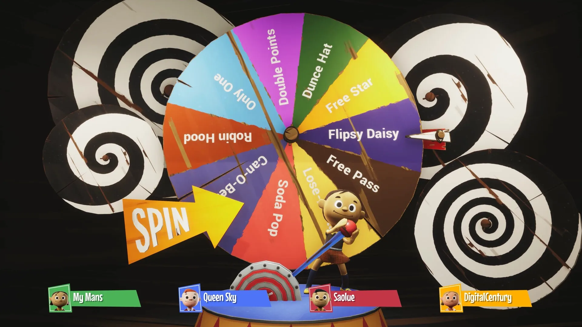 Rowdy Rascals: Character spins colorful Modifier Wheel in whimsical carnival setting with bold patterns