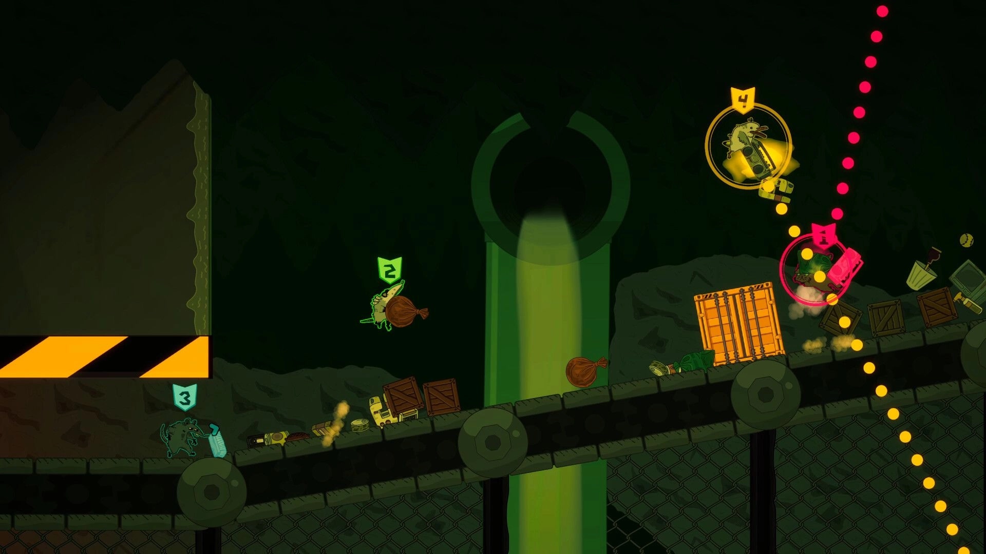 Royal Vermin: Critters climb and throw objects on tilting shipping containers in a massive trash pile.