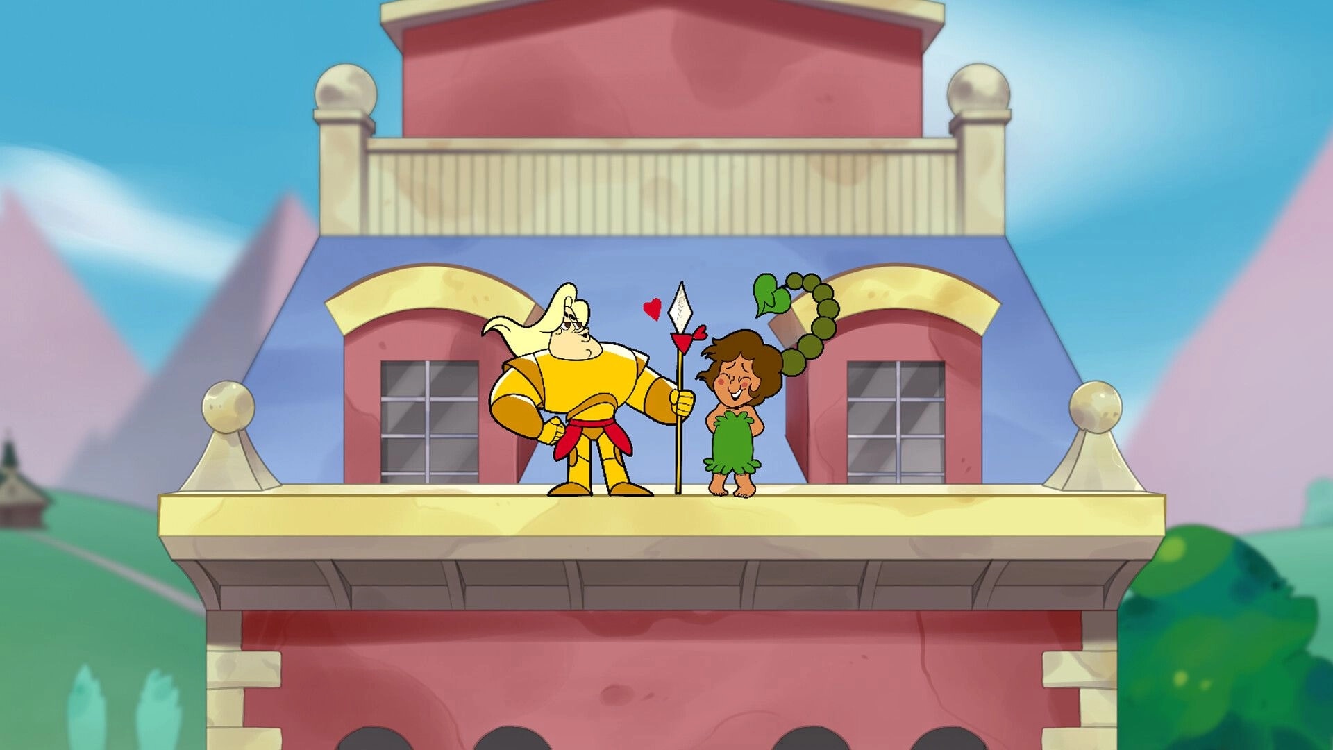 Royalty Free-For-All: Lancelot and Mother Goose on a colorful castle balcony, heart icon above them