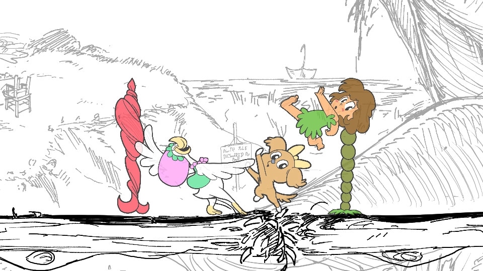 Royalty Free-For-All: Mother Goose flying with Nessie by a palm tree in a hand-drawn beach setting