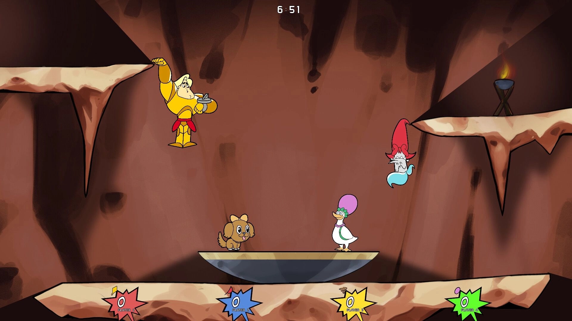 Royalty Free-For-All: Lancelot, Nessie, and Mother Goose brawl on rocky platforms in cave arena