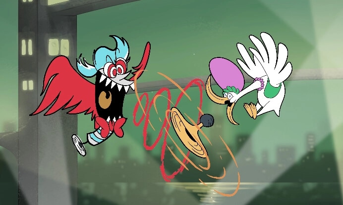 Royalty Free-For-All: Cartoonish aerial duel between a red-winged creature and Mother Goose in a cityscape