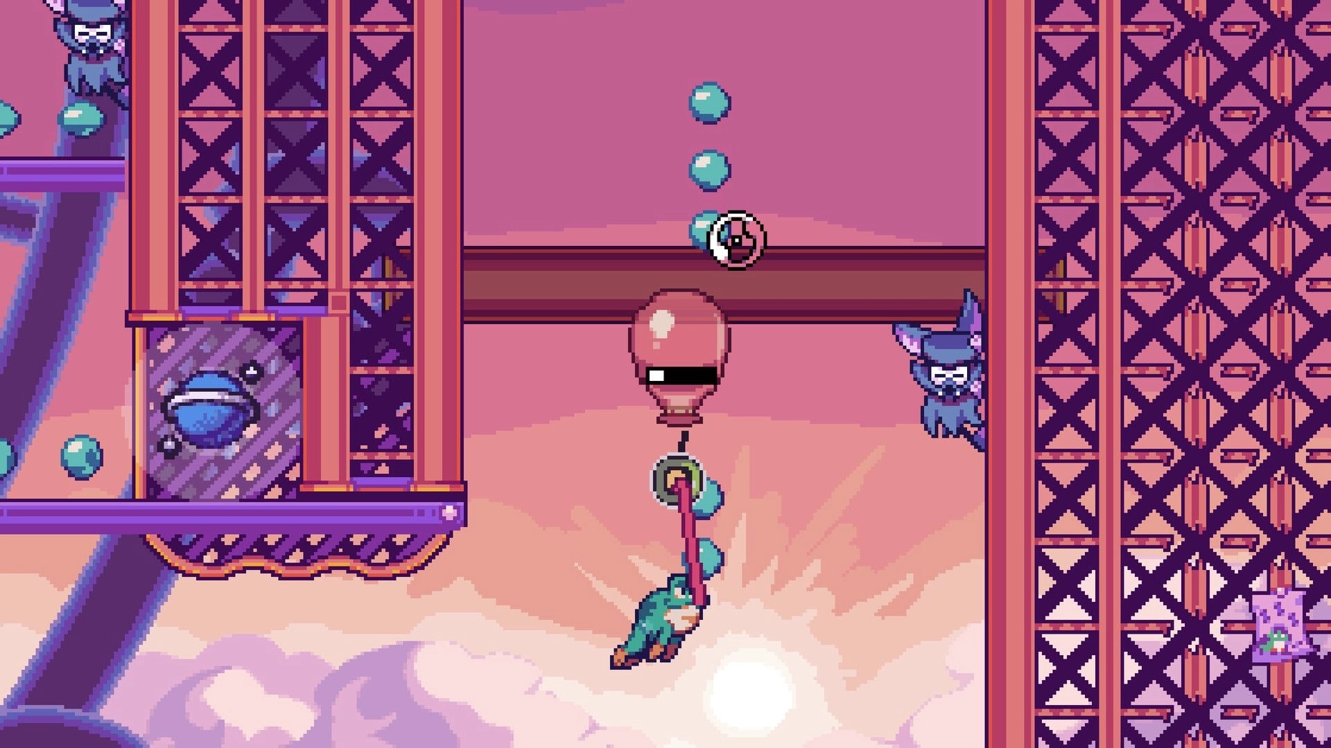 RUBATO: Bird character swings from a tether past floating blue orbs in a pink sky platform stage.