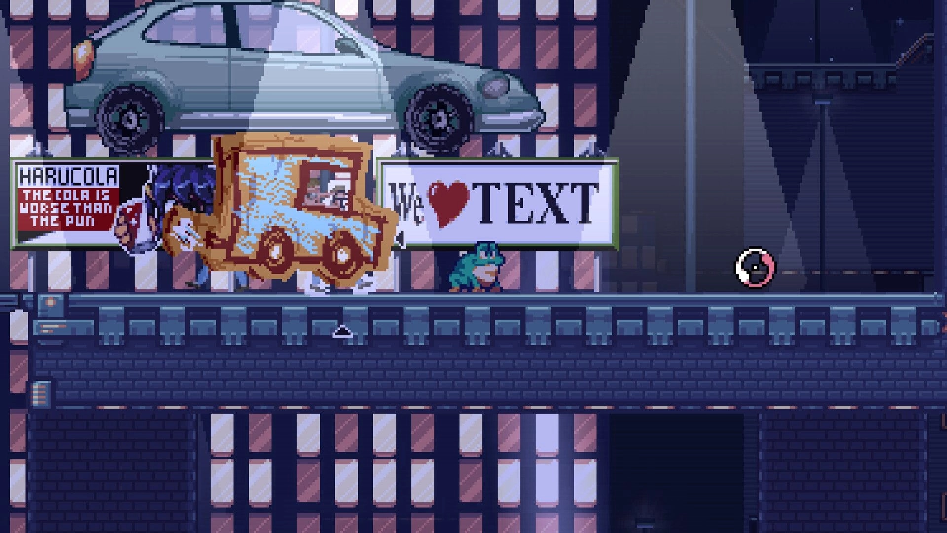RUBATO: Character runs past floating bus and text signs on a nighttime city street platform.
