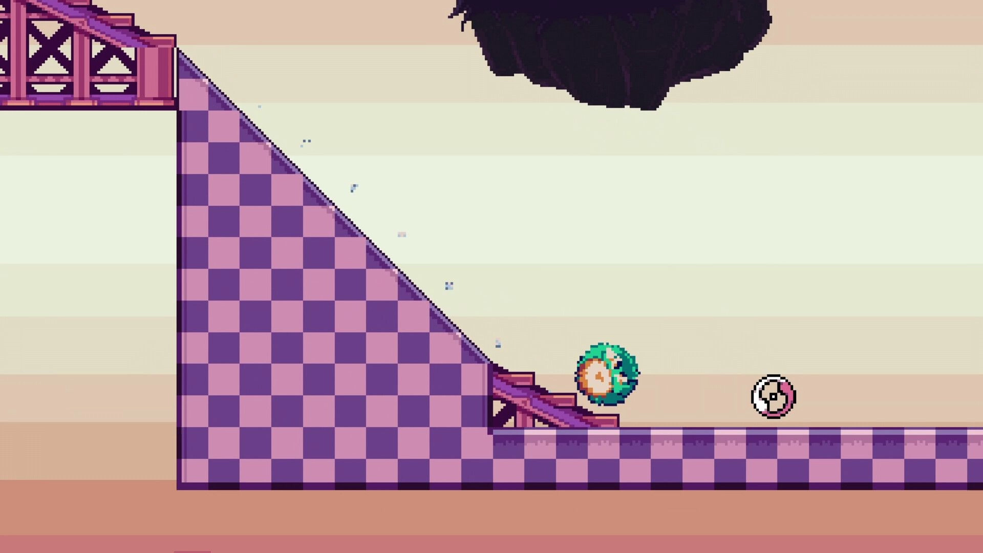 RUBATO: Green spiky ball character rolls down a purple checkered ramp toward a pink coin platform stage.