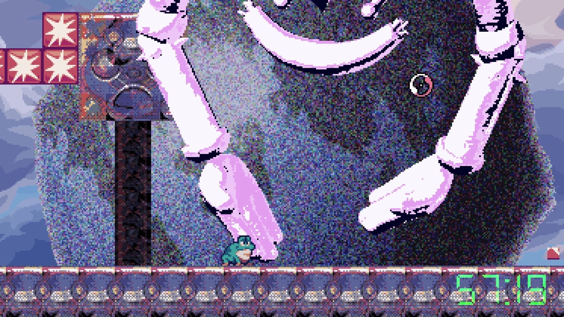 RUBATO: Tiny blue character stands by giant pink limbs and a timer HUD in cloudy pixel arena.