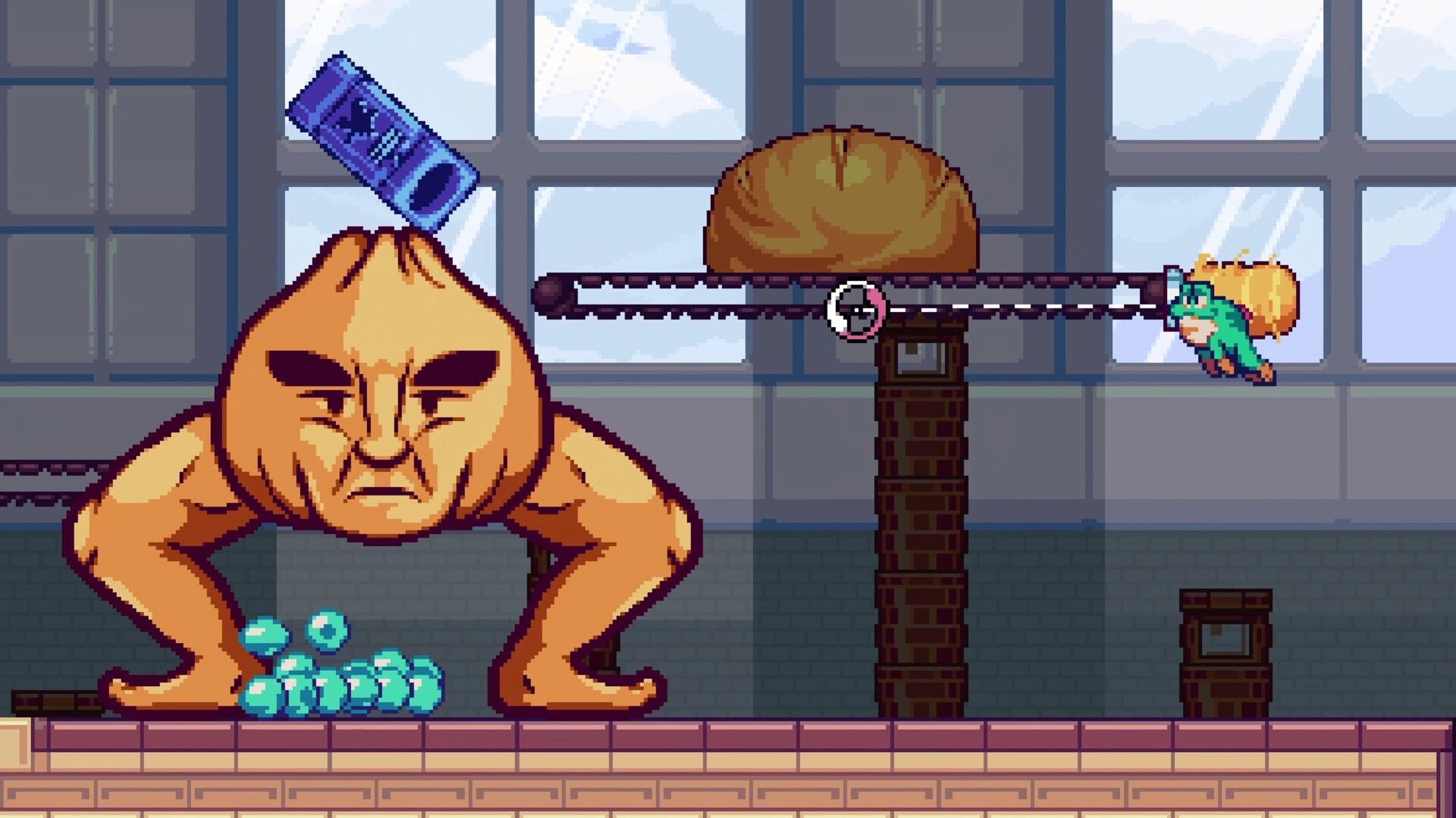 RUBATO: Boss fight with giant onion brute and flying hero near rotating saw in windowed factory arena.