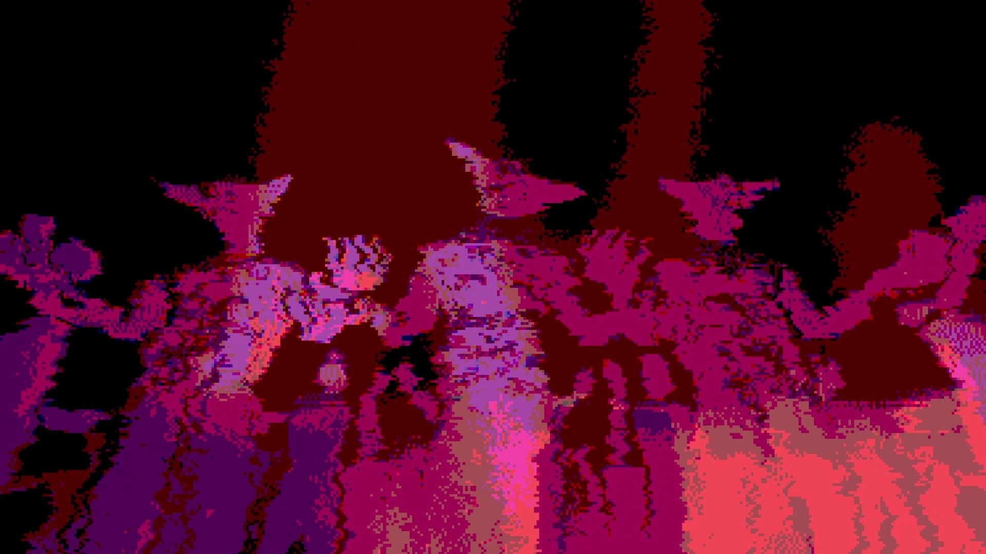 RUBATO: Glitchy purple silhouettes with raised hands flicker against a dark red, abstract backdrop.