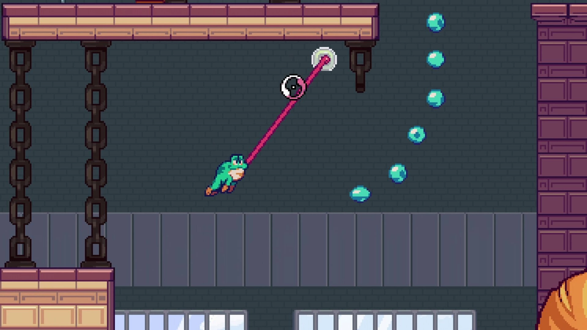RUBATO: Frog-like character swings from a grappling hook toward floating blue gems in brick room.