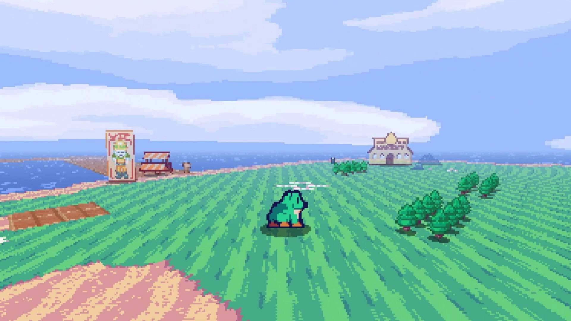 RUBATO: Green blob character hovering over grassy field near ocean, trees, and distant house.