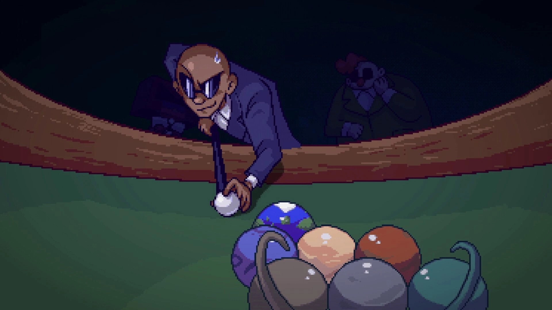 RUBATO: Pixel art pool player lining up a cue shot over colorful balls on a green table.