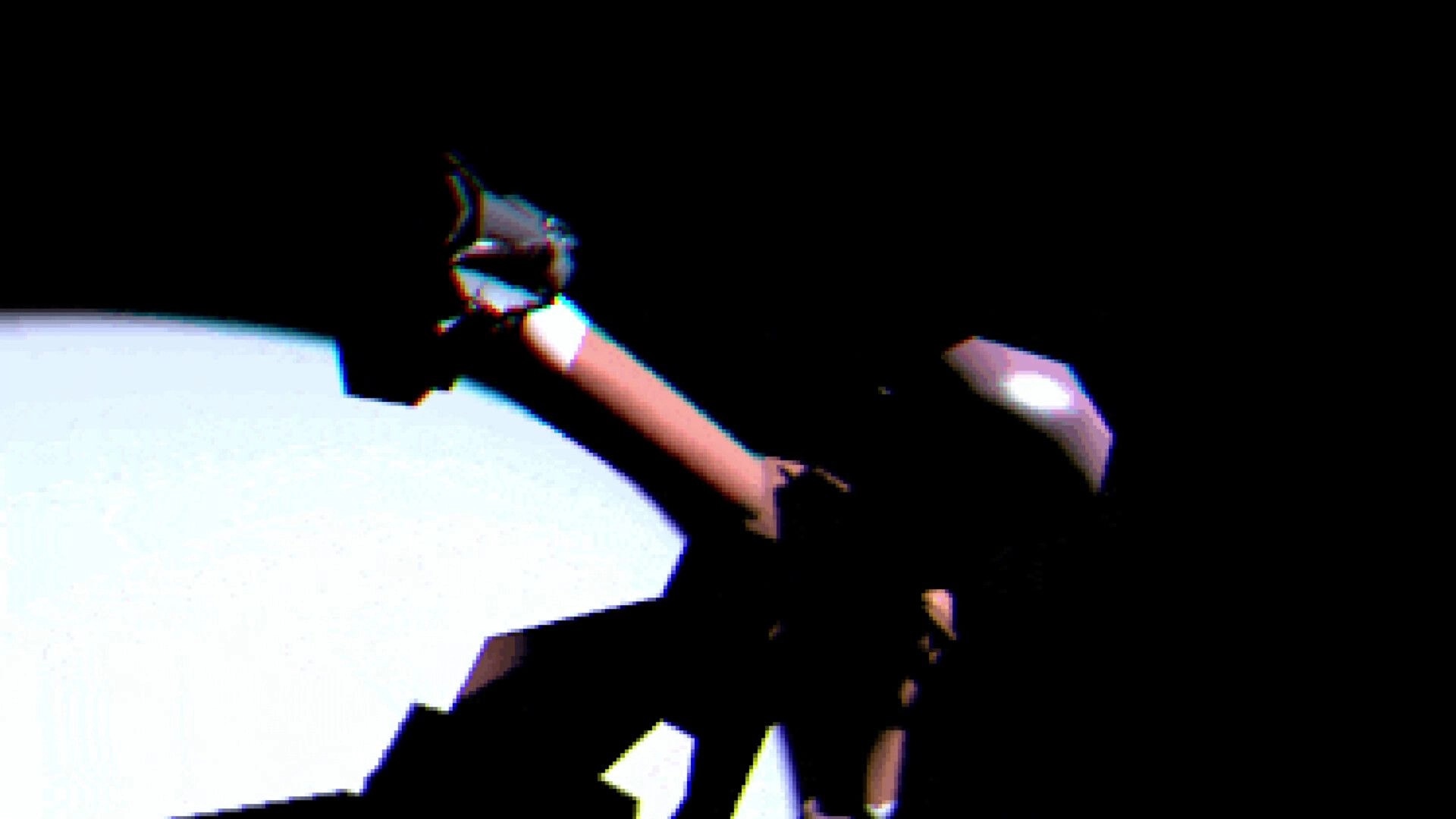 RUBATO: Masked character tumbling midair near bright white platforms in a dark void backdrop.