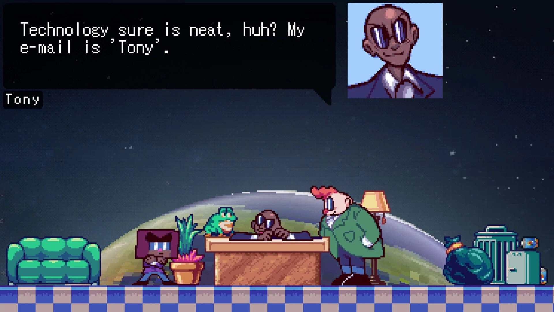 RUBATO: Dialogue box with Tony portrait over office scene with desk, couch, plants, and trash cans.