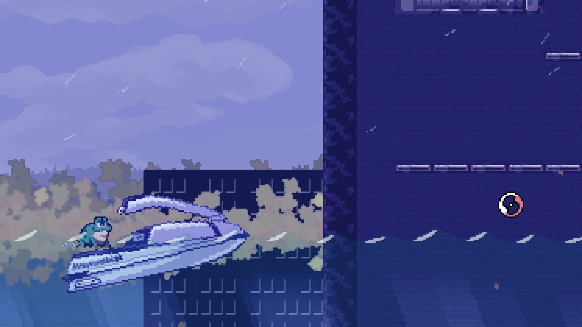 RUBATO: Player rides a swirling blue ribbon through rain past platforms in a dark brick tower stage.