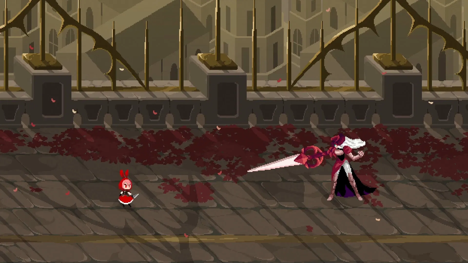 Rubinite: Ruby faces a formidable armored foe on a blood-stained bridge in the shadow of a dark castle.