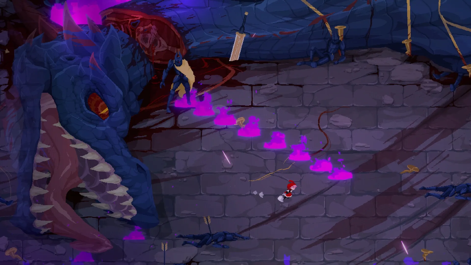 Rubinite: Ruby fleeing past defeated dragon and purple flames in a stone chamber with scattered weapons
