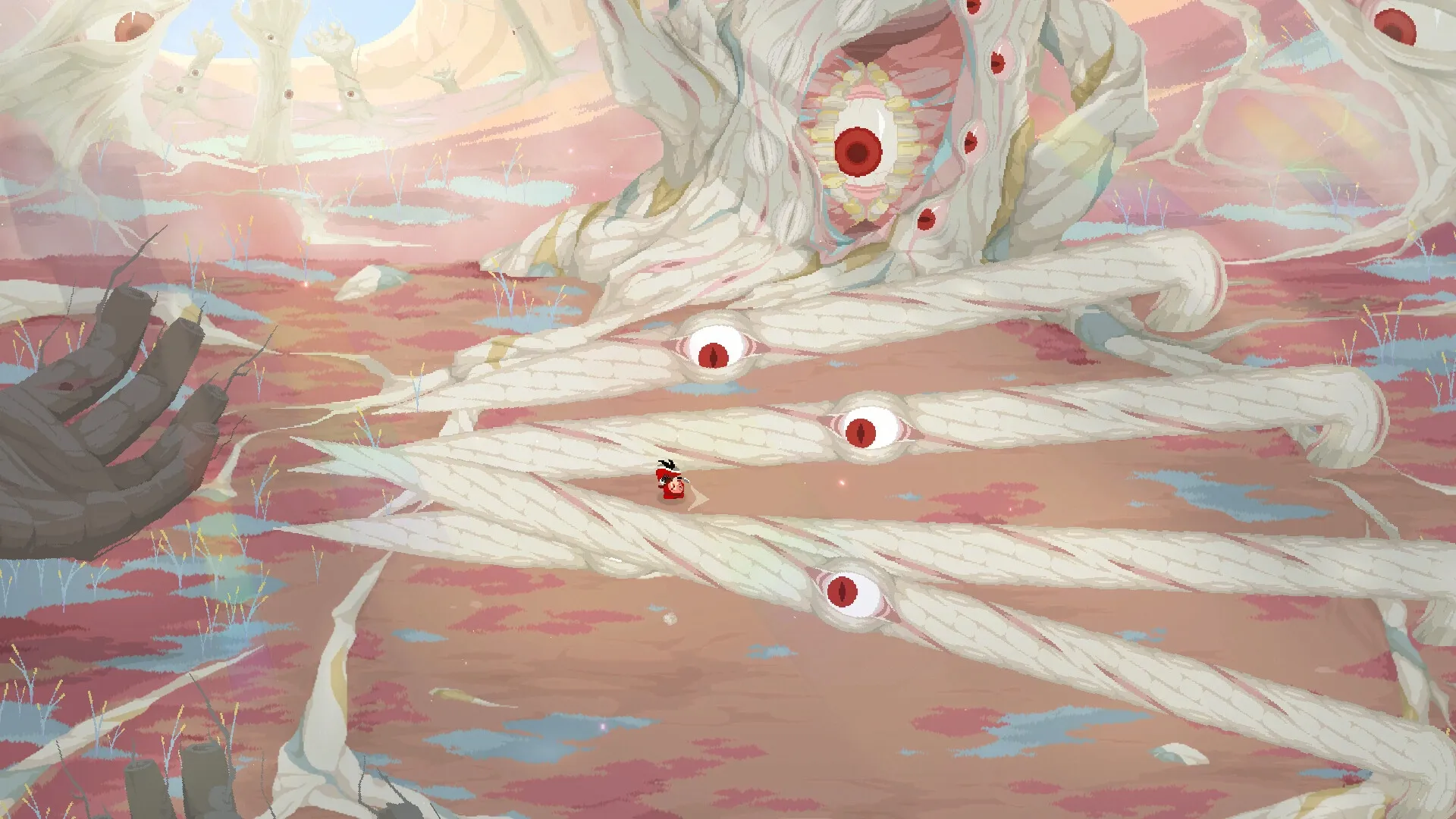 Rubinite: Ruby facing a giant eye-covered creature in a surreal, desolate landscape with twisted trees.