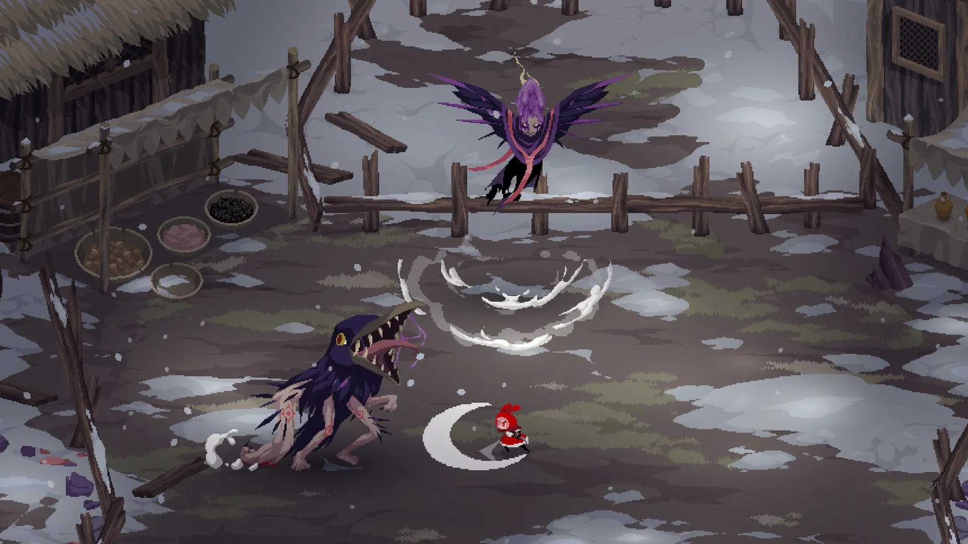 Rubinite: Ruby battles two shadow creatures in a snowy village arena with scattered supplies.