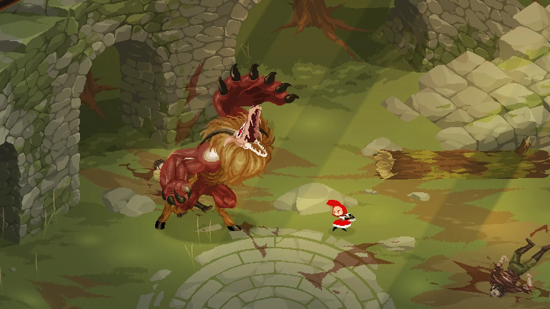 Rubinite: Ruby confronts a monstrous beast in a ruined stone courtyard, preparing for battle.