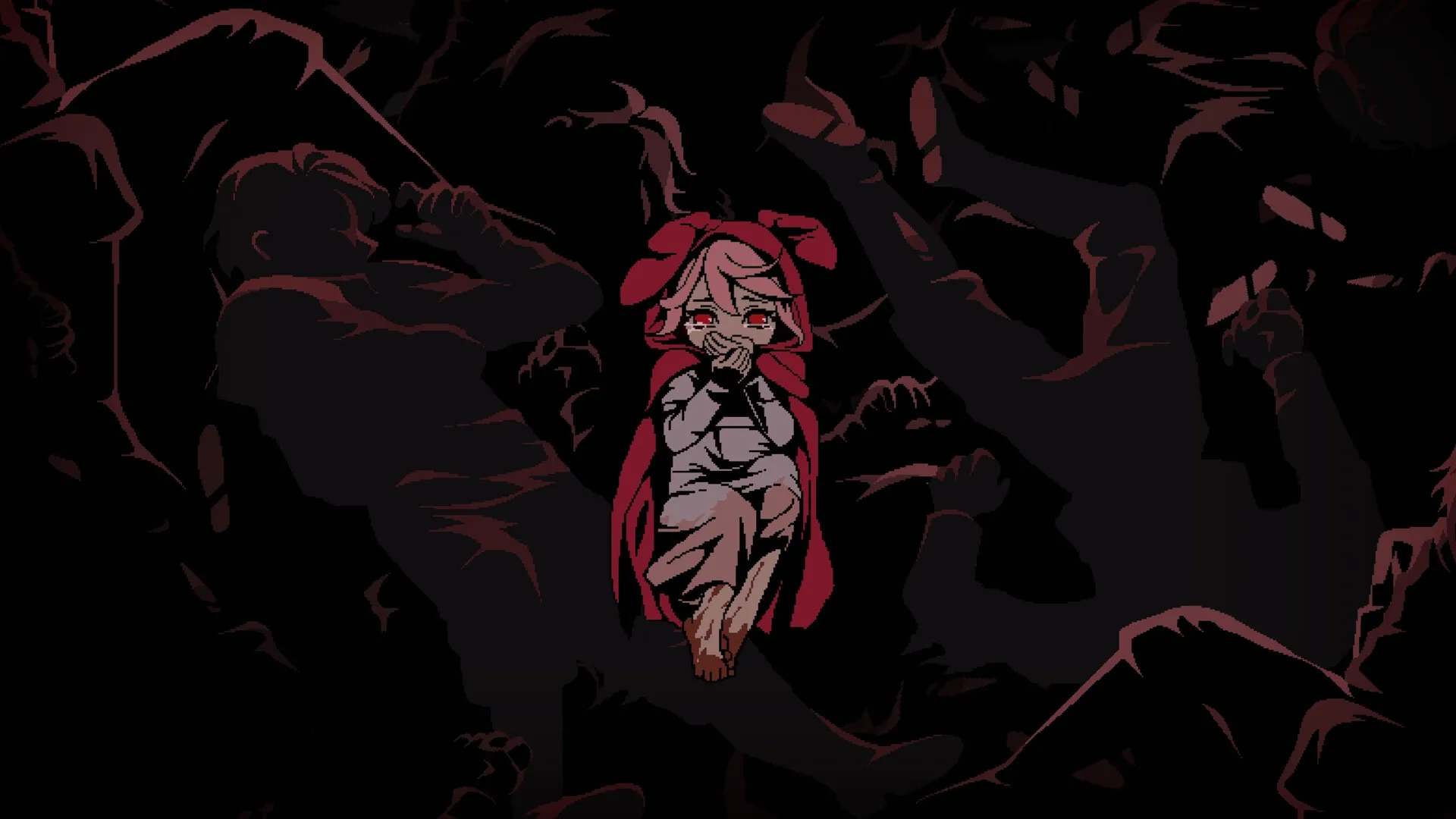 Rubinite: Ruby crouches amidst shadowy figures in a dark, foreboding environment with red highlights.