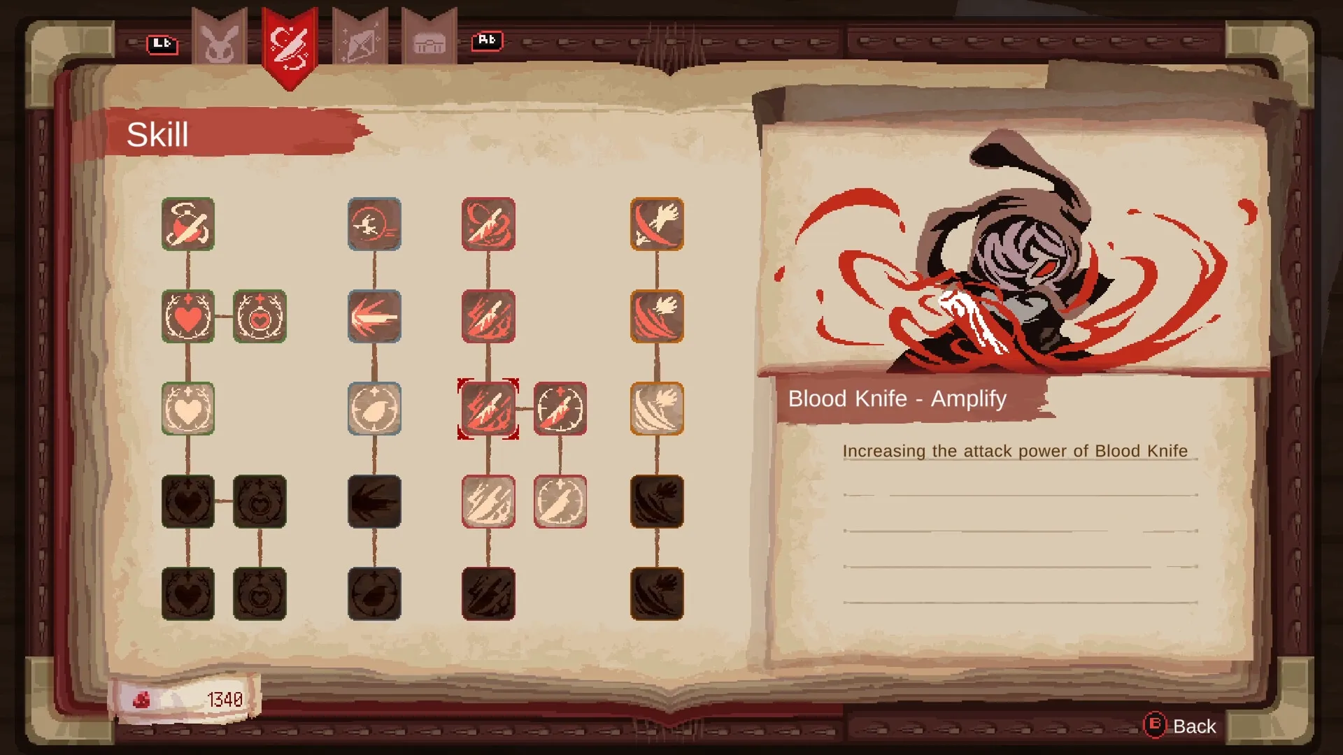 Rubinite: Skill tree interface with "Blood Knife - Amplify" upgrade and detailed ability description
