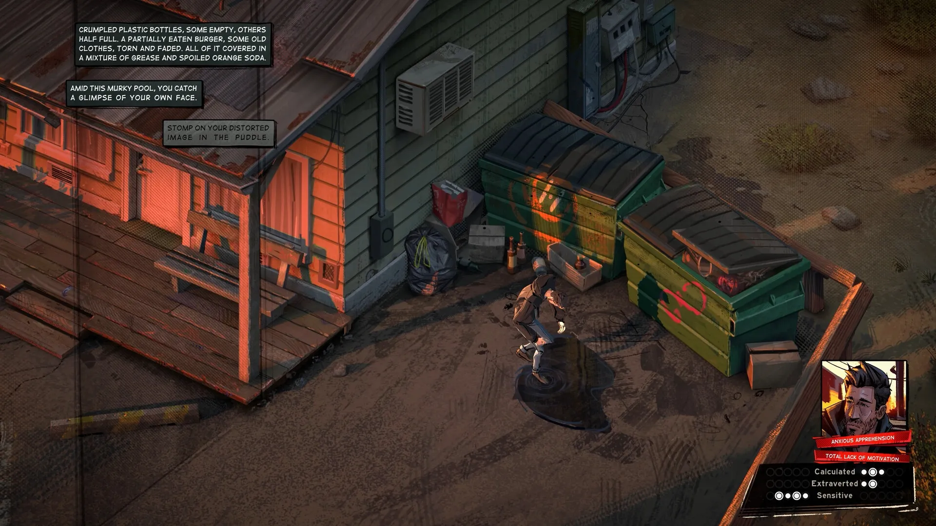 Rue Valley: Character observes reflection in puddle beside dumpsters and rundown building in alleyway