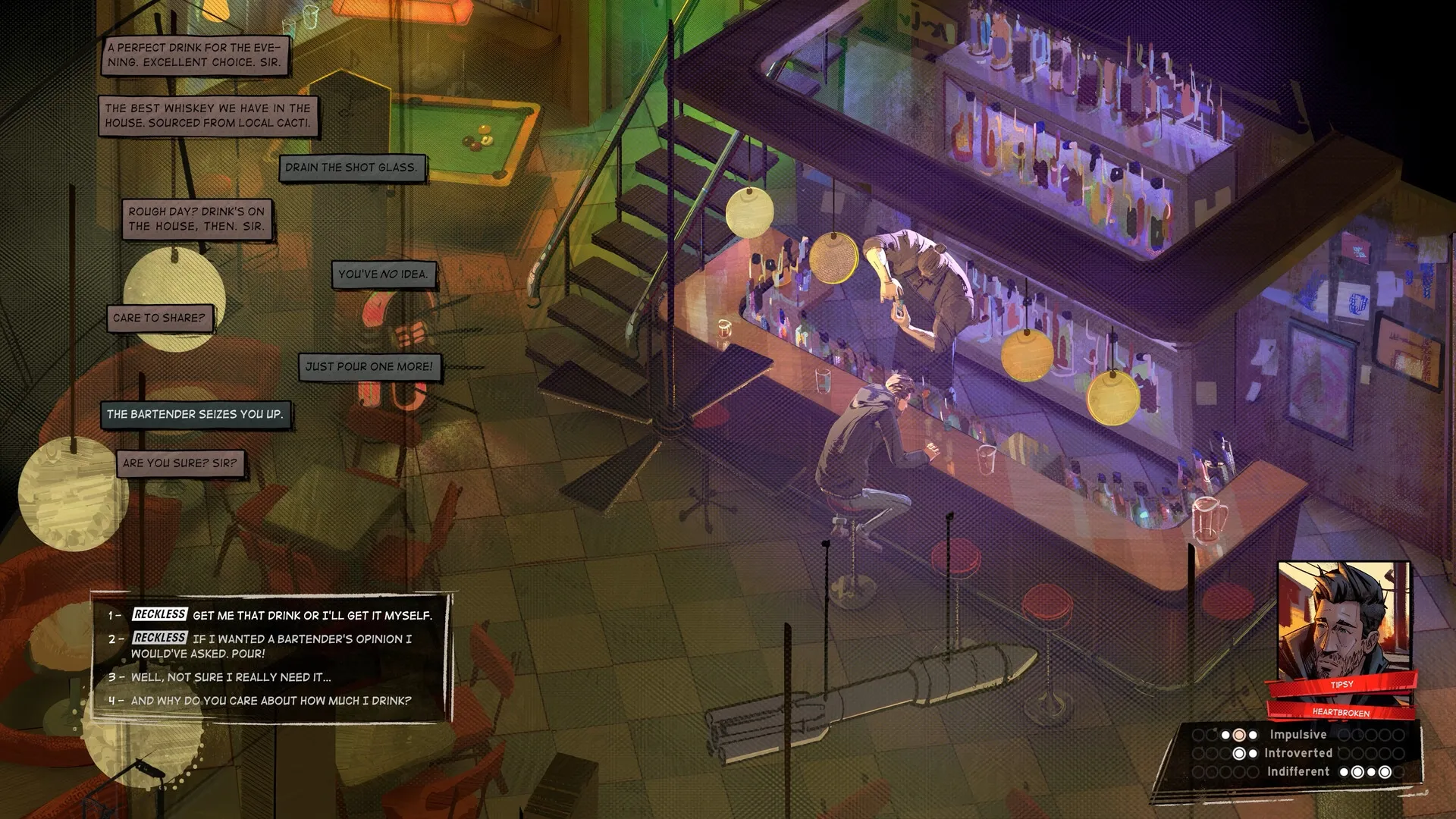 Rue Valley: Character at the bar deciding dialogue options with bartender in a dimly lit tavern.
