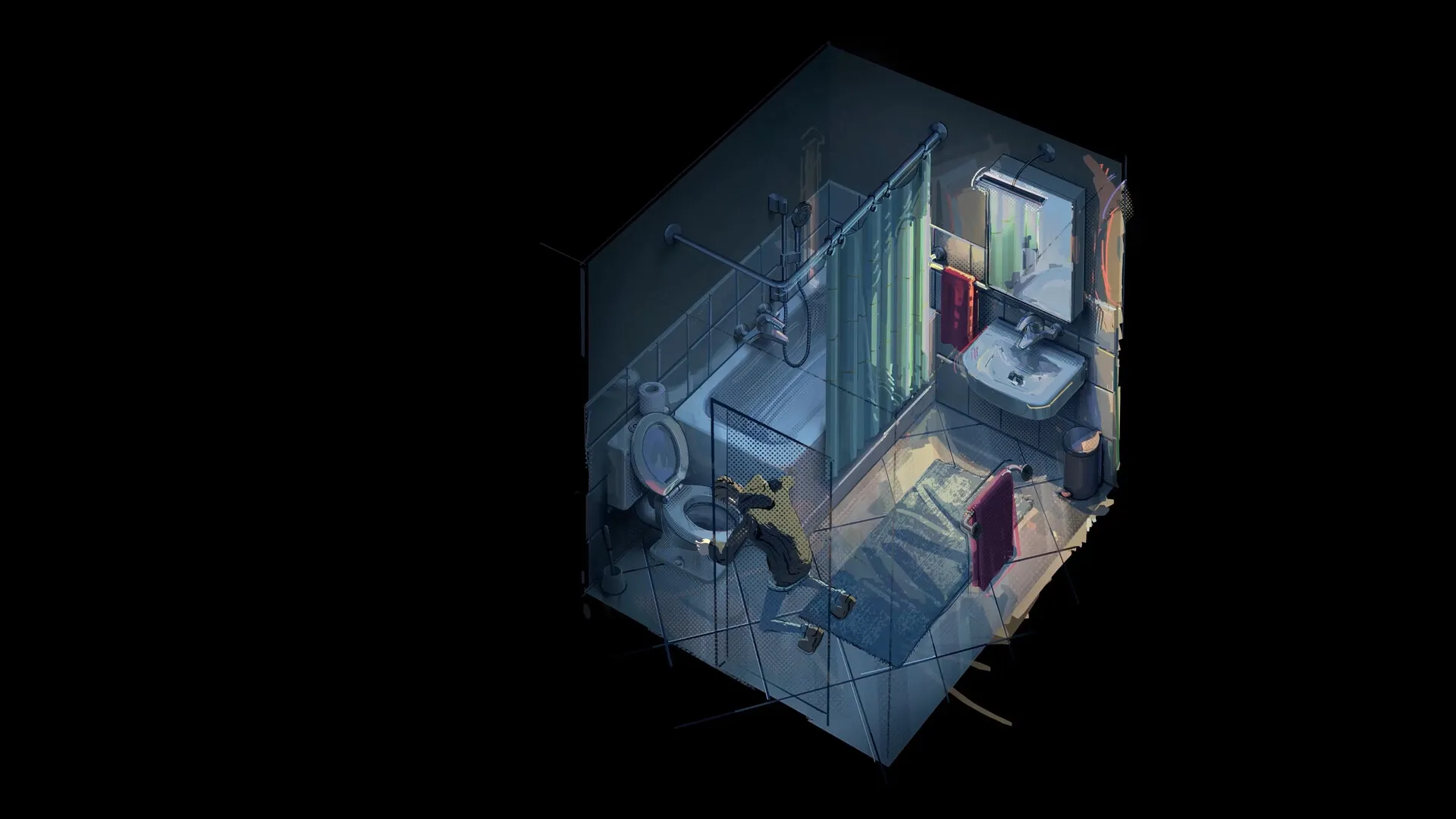 Rue Valley: Character kneeling by toilet in dimly lit bathroom with shower, sink, and red towels visible.