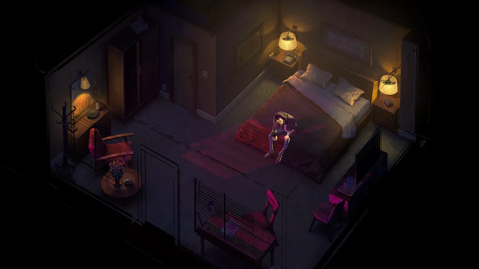 Rue Valley: Character sitting on bed in dimly lit room with cozy furniture and warm lighting ambiance
