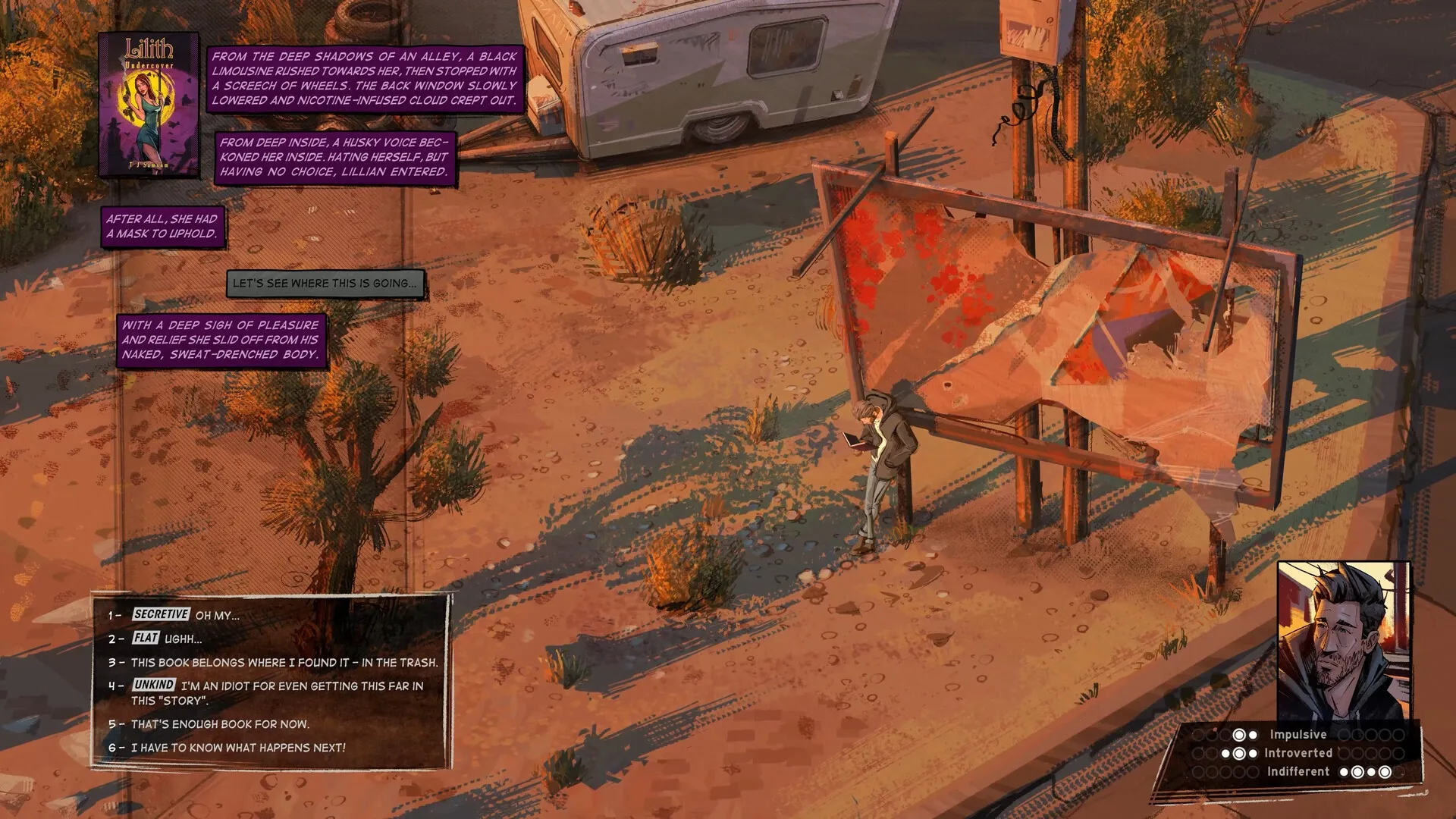 Rue Valley: Character reads book by a torn billboard beside a trailer in a dusty, sunlit environment.