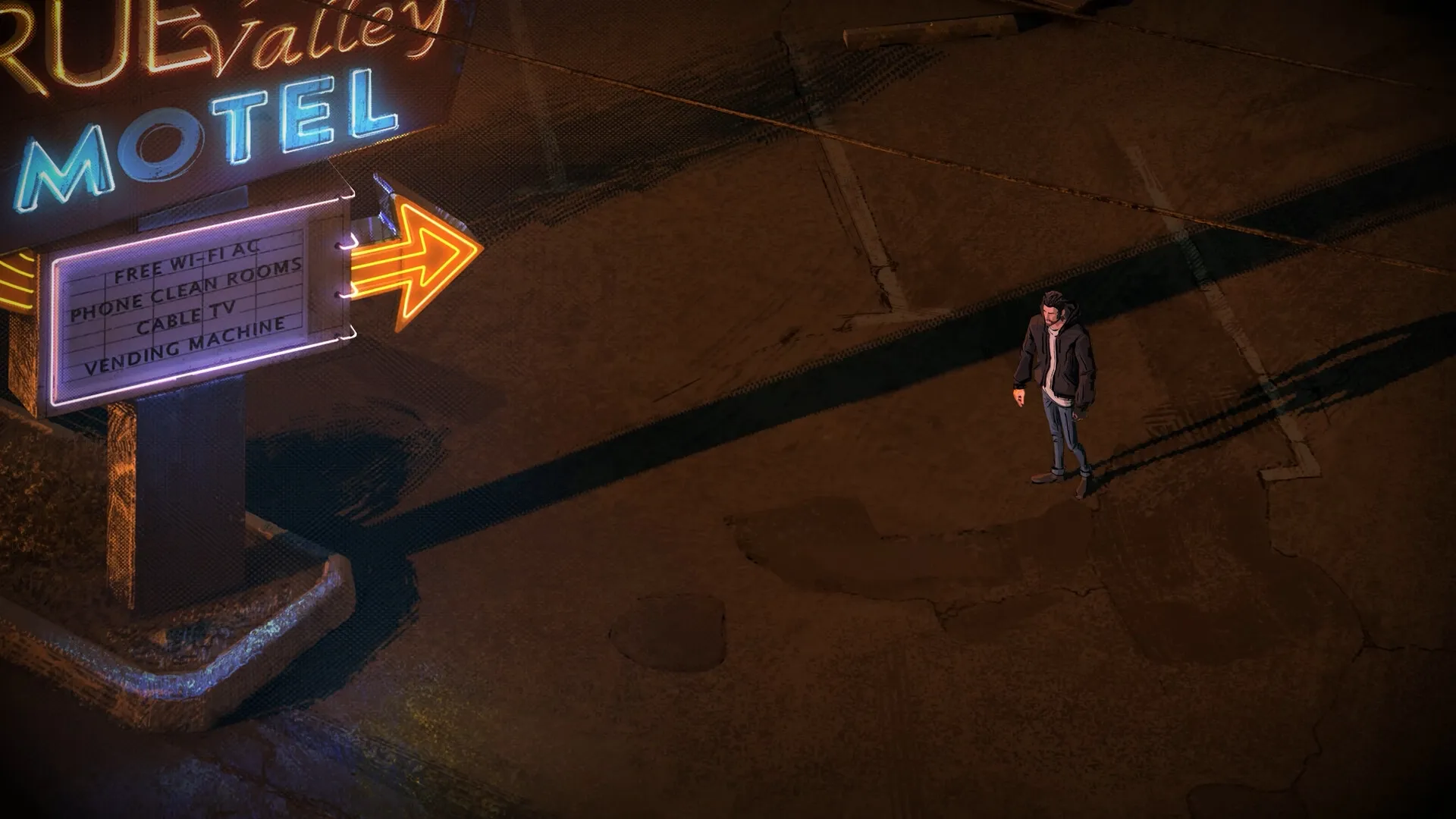 Rue Valley: Character stands near neon motel sign with directional arrow on dark street.