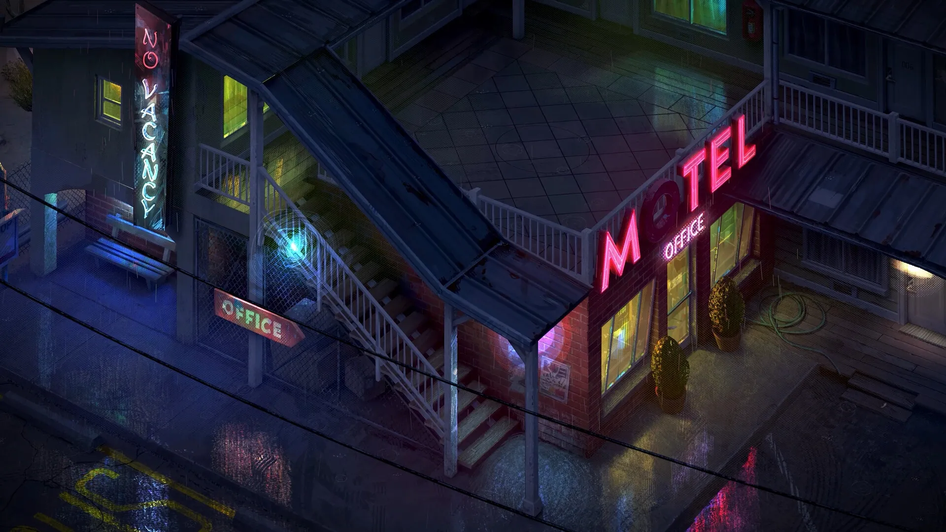 Rue Valley: Nighttime motel exterior with neon "No Vacancy" and "Motel Office" signs illuminating the rain.