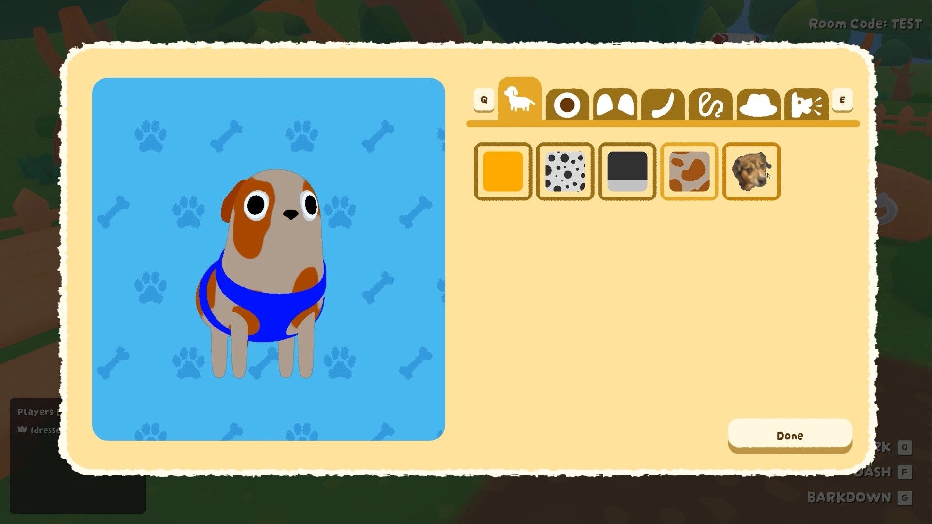 Ruffed Up: Dog customization screen with color swatches and coat patterns on a blue pawprint backdrop.