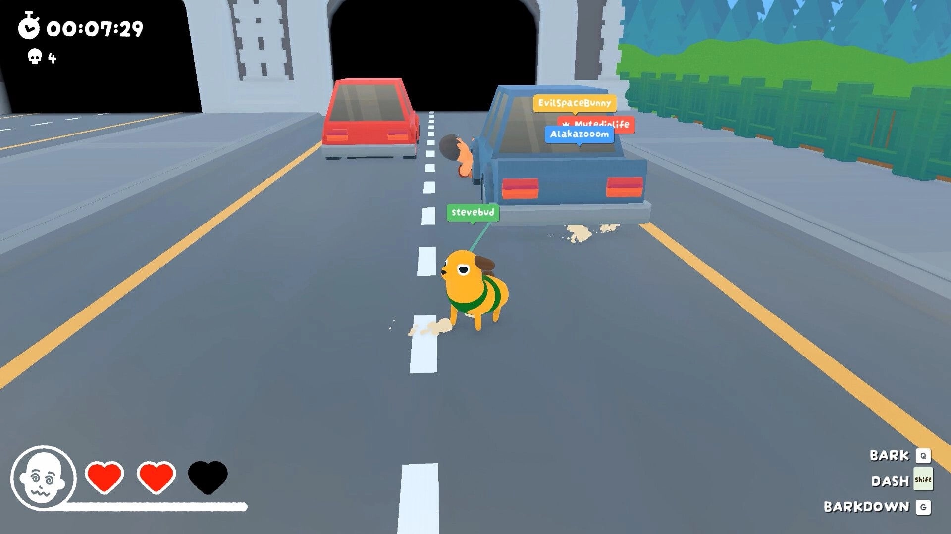 Ruffed Up: Dog player stevebud chases cars near tunnel, timer and hearts UI on city road.