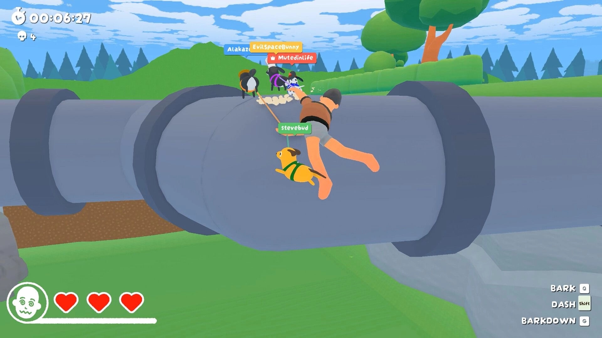 Ruffed Up: Dogs tug an unconscious walker over giant pipes in grassy hills, timer and hearts UI visible.