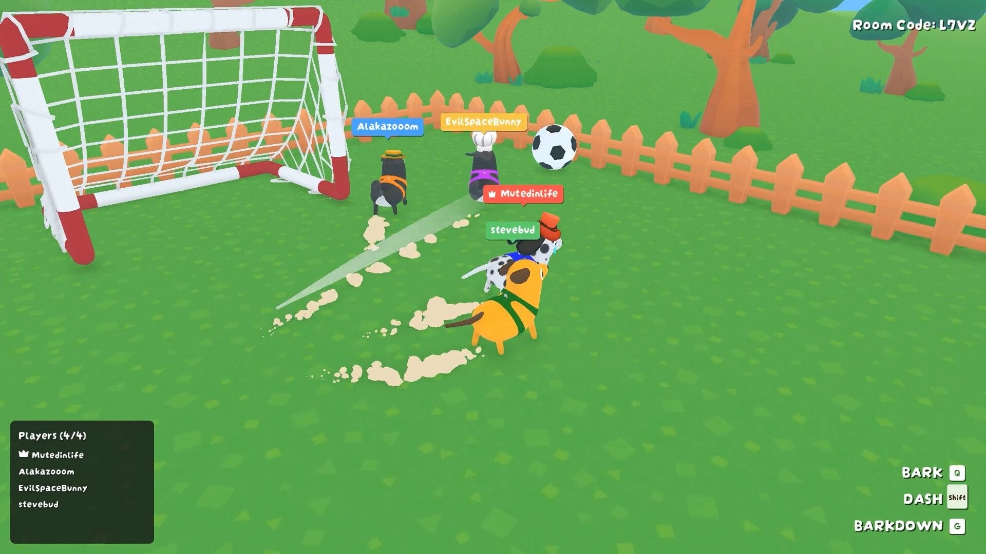 Ruffed Up: Four dogs chase a soccer ball by a goal in fenced yard, room code and controls UI visible.