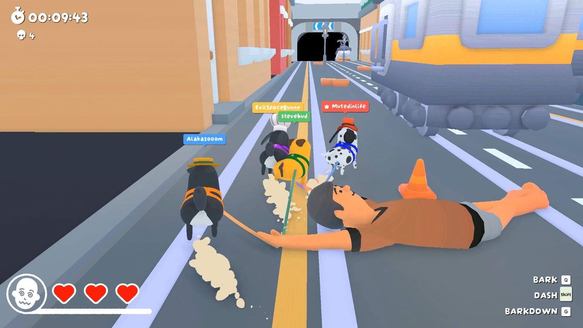 Ruffed Up: Four dogs drag an unconscious walker down a city street beside a passing train, timer UI visible.